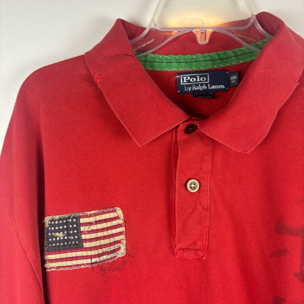 Polo. By Ralph Lauren red polo with Flag/stencil/distress-BIG Men’s 3X - Picture 2 of 16